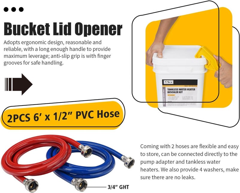 6699 Tankless Water Heater Flushing Kit Includes 1/6HP Submersible Sump Pump with Two Adapters & 3 Gallons Pail with Bucket Lid Opener & Two 1/2” Dia X 6’ PVC Hoses with Washers - Image 4